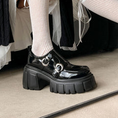 cowhide Platform Single shoe round toe Chunky Heel