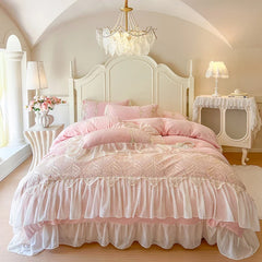 Lace Ruffles Embroidery Milk Velvet Winter Warm Thickened Princess Bedding Set