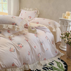 100% Cotton French Cottage Rose Print with Ruffle Trim Princess Bedding Set