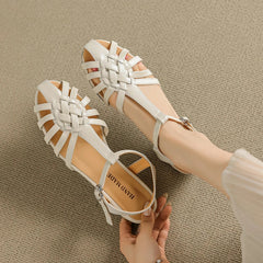 leather cowhide midsole hollow breathable elastic buckle retro toe Roman Shoes