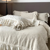 Vintage French Large Lace Ruffles Natural Cotton Linen Princess Bedding Set