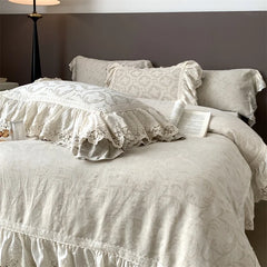 Vintage French Large Lace Ruffles Natural Cotton Linen Princess Bedding Set