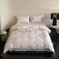 Pink Bouquet Flowers Embroidery Lace-Up Princess Bedding Set