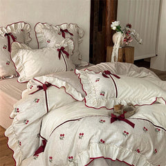 Cotton Linen Bedding Set, Cherry Embroidery with Ruffle & Bow, Farmhouse Style Duvet Cover Set, Soft Bed Linen Pillowcases 4Pcs