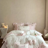 4Pcs Rose Embroidery Bow Ruffles Princess Wedding Bedding Set