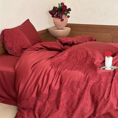 1000TC Egyptian Cotton Red Lace Embroidery Wedding Bedding Set