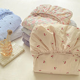 Soft Summer Fitted Bed Sheet with Elastic Band Cute Cherry Floral Single Double Queen Size 90/120/150/180/200 Bed Cover