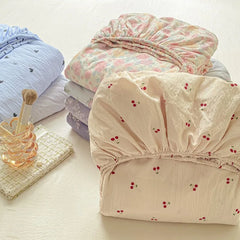 Soft Summer Fitted Bed Sheet with Elastic Band Cute Cherry Floral Single Double Queen Size 90/120/150/180/200 Bed Cover