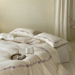 Natural Cotton Linen Blend Elegant Flowers Embroidery Luxury Bedding Set