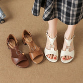 leather cowhide round toe elastic metal buckle high Heels
