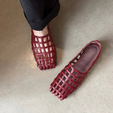 leather cowhide square toe hollow breathable and comfortable low Heel