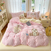 Cute Pink Cartoon Cat Bow Towel Embroidery Girls Kids Bedding Set