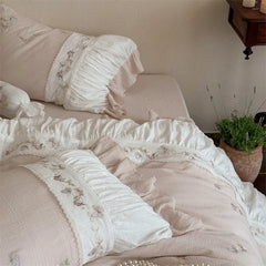 Flowers Embroidery Pleated Ruffles Bedding Set