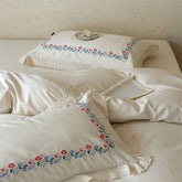 Cotton Linen Blend Bedding Set, Vintage Floral Embroidery Duvet Cover with Lace Trim, Queen King Size Bed Linen for Home Bedroom
