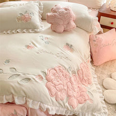 Flowers Embroidery Ruffles Velvet Soft Bedding Set