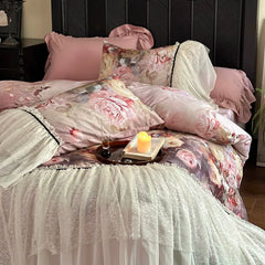 600TC Egyptian Cotton Thickened Brushed Rose Print Lace Ruffles Bedding Set