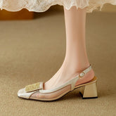 Square Head Cowhide Breathable Mesh Metal Jewelry High Heel