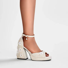 European and American Nightclub Princess Flower Buckle Pearl Thick Bottom Fish Mouth Open Toe Large Heel