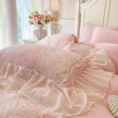 Lace Ruffles Embroidery Milk Velvet Winter Warm Thickened Princess Bedding Set
