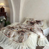 Vintage Rose Flowers Prints Three-sided Large Lace Ruffles 1000TC Egyptian Cotton Bedding Set