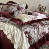 Vintage French-style Rose Print Lace Ruffle Bedding Set