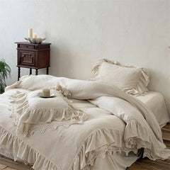 20% Linen And 80% Cotton Double Layer Lace Ruffles Vintage French Bedding Set