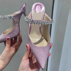 Luxury Rhinestone Patent Leather Bao Head Half Slippers European High Heels