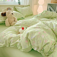 Green Floral Duvet Cover Set Ins Twin Queen Size Girls Flat Sheet Pillowcase No Filler Soft Summer Spring Home Bedding Set