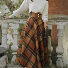 Katelyn Dark Academia – A-Linien-Midirock aus Wolle mit Karomuster und hoher Taille