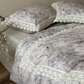 Natural Cotton Linen Butterfly Flowers Prints Lace Bedding Set