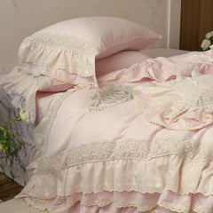 Romantic Double Layer Lace Ruffles 100% Cotton Double Gauze Princess Wedding Bedding Set