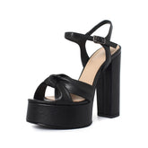 black cowhide platform bowknot round toe Super high Heel