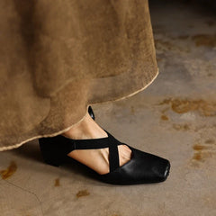 cowhide square toe cross strap high Heel