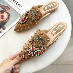 Large Size Women Mules Rivet Half Slippers Female Cherry Rhinestones Pointed Flat Shoes