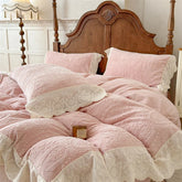 Vintage French Carved Velvet Lace Ruffles Luxury Warm Winter Pink Bedding Set