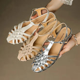 leather cowhide midsole hollow breathable elastic buckle retro toe Roman Shoes