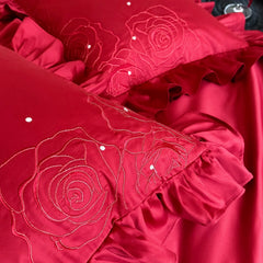 600TC Egyptian Cotton Rose Embroidery Red Wedding Style Bedding Set