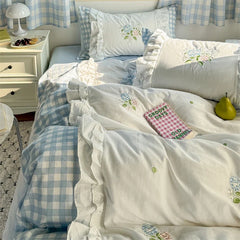Korean Princess Style Double Layer Lace Flower Embroidery 100% Cotton Bedding Set