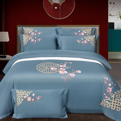 100% Cotton Luxury Oriental Golden Geometric Pattern Flowers Embroidery Bedding Set