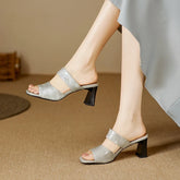 leather embossed cowhide high-heeled retro open toed fish mouth Shoes