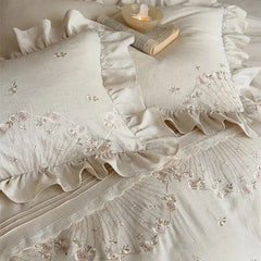 Flowers Embroidery Ruffles Luxury Bedding Set