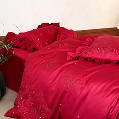 600TC Egyptian Cotton Rose Embroidery Red Wedding Style Bedding Set