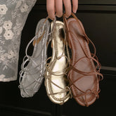 leather cowhide elastic band round toe low Heel