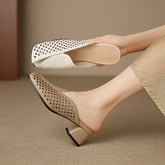 cowhide round head hollow breathable mid Heel