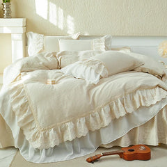 Cotton Linen Blend Vintage French Style Double Layer Lace Ruffles Princess Bedding Set