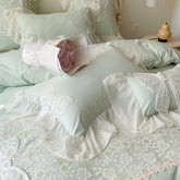 3/4Pcs Korean Princess-Style Bow Lace Ruffle Green Bedding Set