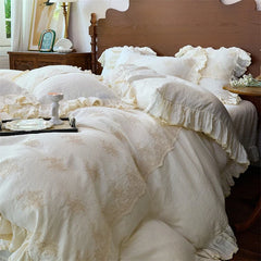 100% Pure Linen Vintage French Lace Ruffles Luxury Bedding Set