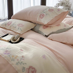 Pink Flowers Embroidery Lace Bedding Set