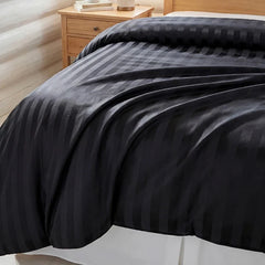 Luxury Black Satin Striped Duvet Cover Set, Silky Jacquard Vertical Stripe Bedding with Duvet Cover and Pillow Cases 2/3Pcs