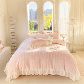 Pink Rose Flowers Short Plush Lace Ruffles Princess Bedding Set